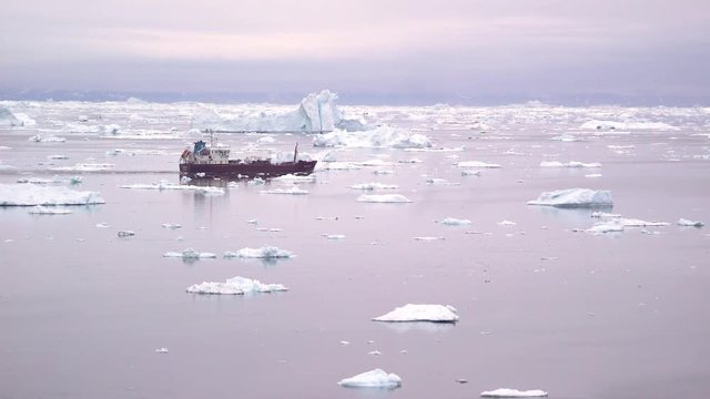 A small boat sailing through floating ice floes in the Arctic Ocean near Greenland. Peaceful polar seascape with pastel tones, melting ice fragments, concepts such as climate change, global warming