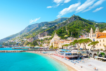 Amalfi cityscape on coast line of mediterranean sea, Italy