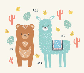 Obraz premium Bear and llama cartoon design vector illustration