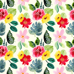 summer tropical flower watercolor seamless pattern