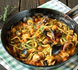 Zucchini (noodles) Zoodles Spaghetti With Mussels In Tomato Sauce In A Frying Pan. Keto Pasta Low-Carb  Spaghetti Tarantina. recipes for fatty protein foods 