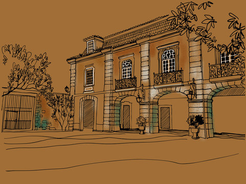 Nice veiw of romantice Lisbon, Portugal. Hand drawn line sketch Urban background. Ink line drawing. Colorful  illustration on craft.