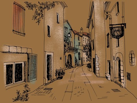 Fototapeta Old town street in hand drawn sketch style. Colorful illustration. Small European city. Provence. France. Urban landscape on craft background