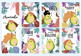 Collection of green avocado set with avocado dancing