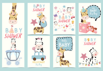 Collection of baby shower set with zebra,giraffe,hat,star,car and duck