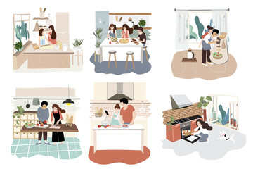 Family character design in kitchen with activity on cooking