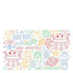 Vector set of space elements icons in doodle style. Painted, colorful, pictures on a piece of paper on white background.