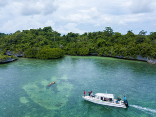Obraz na płótnie Canvas Aerial photography view of Wakatobi (Wangi-Wangi, Kaledupa, Tomia & Binongko) islands with a white boat, Southeast Sulawesi, Indonesia