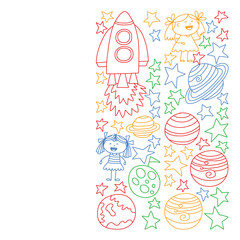 Fototapeta premium Vector set of space elements icons in doodle style. Painted, colorful, pictures on a piece of paper on white background.