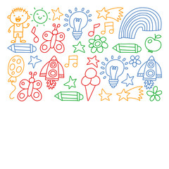 Children garden, Patern, Hand drawn children garden elements pattern, doodle illustration, Vector, illustration, Vertical.