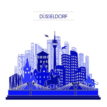 D&uuml;sseldorf Deutschland Skyline Shilouette Wandtatoo blau- Wahrzeichen Vektor Hintergrund Denkm&auml;ler Sehensw&uuml;rdigkeiten - Deutschland Reise Urlaub Tourismus f&uuml;r Webseite Banner Logo Flyer