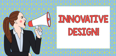 Handwriting text writing Innovative Design. Conceptual photo application of better solutions that meet new requirements Young Woman Jacket Ponytail Shouting into Loudhailer Rectangular Text Box