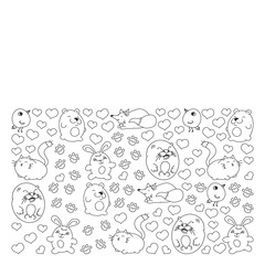 Vector set of beautiful round icons in the form of wild animals for children and design, print, cat ,bear, fox, bird ,hare or rabbit. Round animals with caption on white background