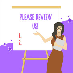 Handwriting text writing Please Review Us. Conceptual photo situation or system is formal examination by showing authority White Female in Glasses Standing by Blank Whiteboard on Stand Presentation