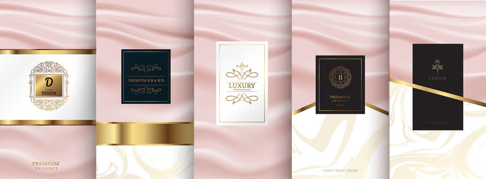 Collection of design elements,labels,icon,frames, for logo,packaging,design of luxury products.for perfume,soap,wine, lotion.Made with Isolated on pink background.vector illustration
