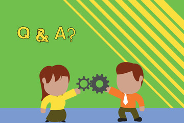 Handwriting text writing Q And A Question. Conceptual photo in which demonstrating asks questions and another one answers them Standing young couple sharing gear. Man tie woman skirt commerce relation