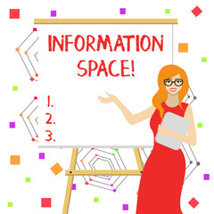 Word writing text Information Space. Business photo showcasing place especially a website where information is available White Female in Glasses Standing by Blank Whiteboard on Stand Presentation