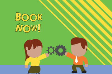 Handwriting text writing Book Now. Conceptual photo guaranteed to have place because you have already purchased it Standing young couple sharing gear. Man tie woman skirt commerce relation