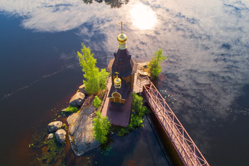 View from above of the Church of the Apostle Andrew the First-Called on the Vuoksa River on a July...