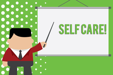 Word writing text Self Care. Business photo showcasing practice of taking action to preserve or improve ones own health Businessman standing in front projector screen pointing project idea