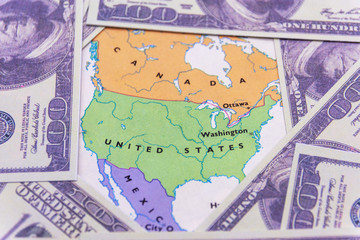 US dollars on the map of American