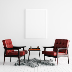 Mock Up Poster Frame in White Living Room with Chairs and Decoration