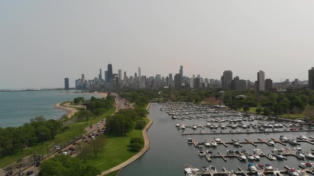 Aerial drone view of Chicago skyline over harbor
