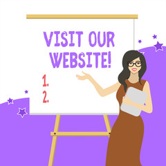 Handwriting text writing Visit Our Website. Conceptual photo visitor who arrives at web site and proceeds to browse White Female in Glasses Standing by Blank Whiteboard on Stand Presentation