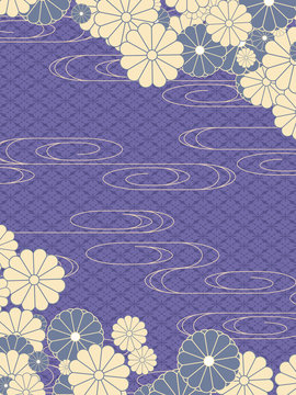 和柄　菊と流水文の背景素材・縦/紫