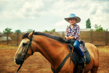 A little boy riding a horse . Children's horse riding lessons and walks