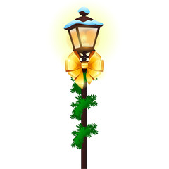 Vintage street lamp decorated with golden ribbon bow isolated on white background. Sample of poster, party holiday invitation, festive card. Vector cartoon close-up illustration.