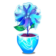 Potted flower covered with icy glaze isolated on white background. Sample of poster, party holiday invitation, festive card. Vector cartoon close-up illustration.
