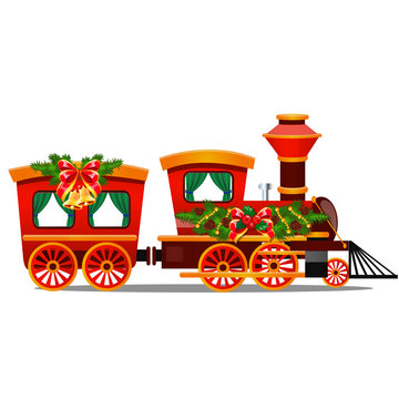 Little red train with wagons decorated red ribbon and Christmas decoration isolated on white background. Sample of poster, party holiday invitation, festive card. Vector cartoon close-up illustration.