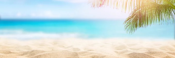 Fototapete Sonniger tropischer karibischer Strand mit Palmen und türkisfarbenem Wasser, karibischer Inselurlaub, heißer Sommertag © Mariusz Blach