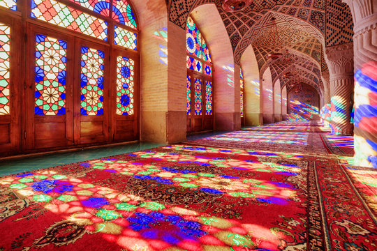 Wonderful view inside the Nasir al-Mulk Mosque, Shiraz, Iran