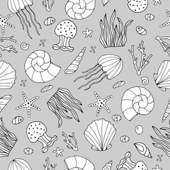 Zentangle stylized seashell and other sea inhabitants seamless pattern. Hand drawn aquatic doodle  illustration