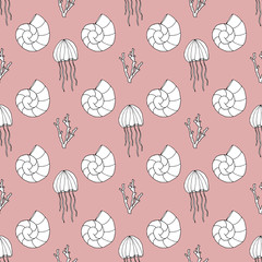Zentangle stylized seashell and other sea inhabitants seamless pattern. Hand drawn aquatic doodle  illustration