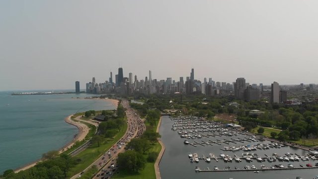 Aerial view of Chicago skyline from North with harbor and lakeshore drive