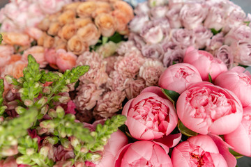 Floral carpet or Wallpaper. Background of mix of flowers. Beautiful flower for catalog or online store. Floral shop and delivery concept. Top view. Copy space