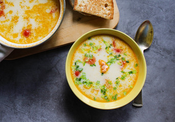 salmon soup with vegetables and cream. in a yellow bowl. fish soup in the pan. bread
