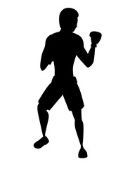 Fototapeta na wymiar Black silhouette Boxer in sports pants with boxing gloves stand in defensive stance on training cartoon character design flat vector illustration isolated on white background