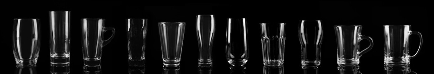 Set of different empty glasses on black background. Banner design