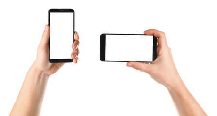 Set with men holding smartphones on white background, closeup of hands. Space for text