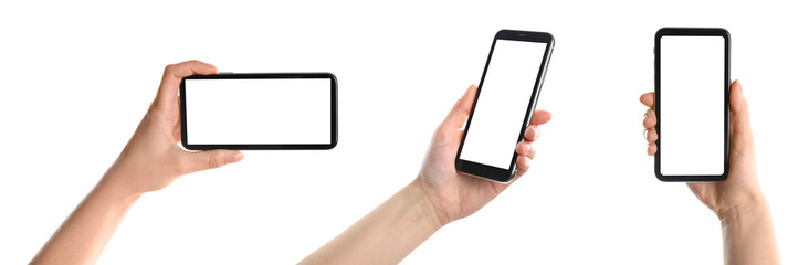 Set with women holding smartphones on white background, closeup of hands. Space for text