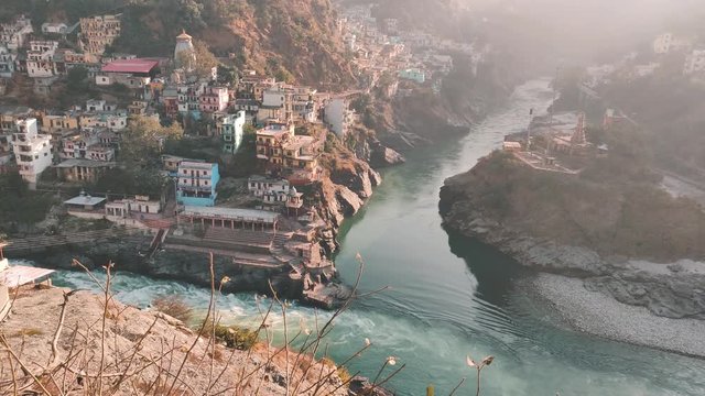 Confluence of river Alaknanda and Bhagirathi at Devprayag, Uttarakhand which forms the holy river Ganga.