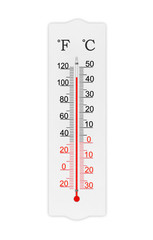 Fahrenheit and celsius scale meteorology thermometer for measuring air temperature. Thermometer isolated on white background. Ambient temperature plus 110 degrees fahrenheit