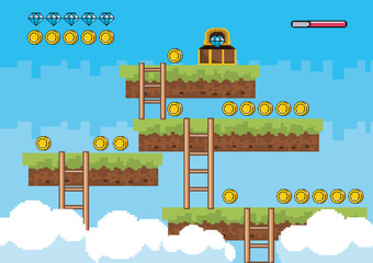 Arcade game world and pixel scene design  vector illustration © Stockgiu