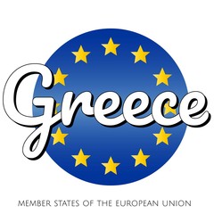 Round button Icon of national flag of The European Union with blue gradient background and yellow and gold stars and inscription with name of member state country of the EU: Greece