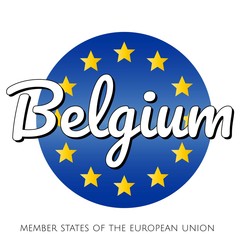 Obraz premium Round button Icon of national flag of The European Union with blue gradient background and yellow and gold stars and inscription with name of member state country of the EU: Belgium