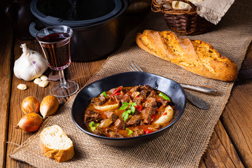 classic beef goulash with peppers and onions